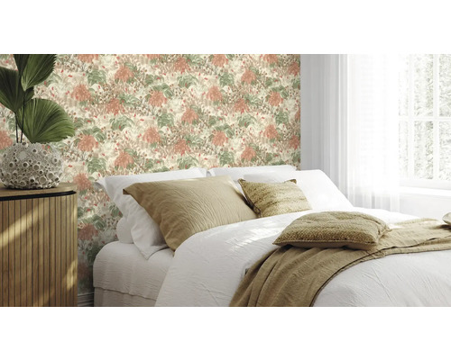 RASCH Vliesbehang 868319 bloemen abstract roze/wit Slaapkamer met bloemenbehang en bed