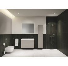 Moderne badkamer met toilet, wastafelonderkast, spiegel, hoge kast en douche