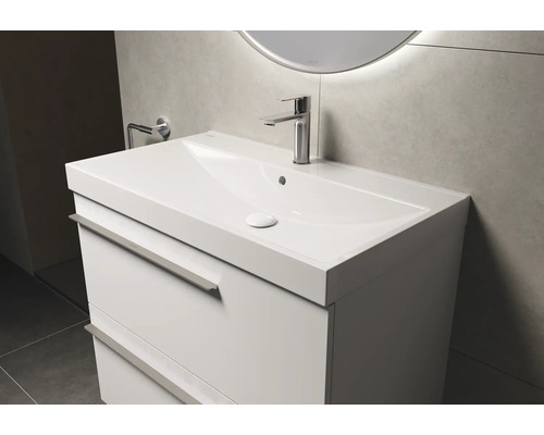 Badkamer wastafelonderkast met twee laden, kraan en ronde spiegel