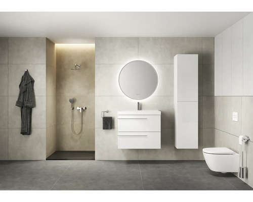 Moderne badkamer met douche, wastafelonderkast, spiegel, hoge kast en toilet