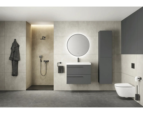 Moderne badkamer met douche, wastafel, spiegel, toilet en grijze kleurstelling voor een stijlvolle ambiance.