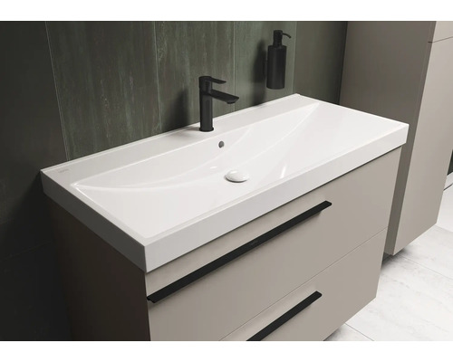 Wastafel met onderkast, kraan en zeepdispenser in de badkamer