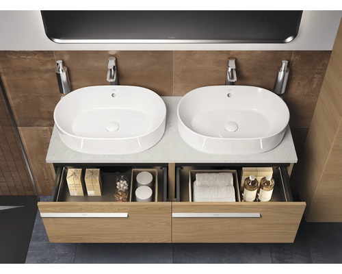 Badkamer met dubbele wastafel, onderkast en twee opzetwastafels