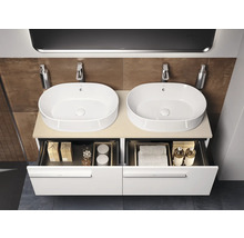 Badkamer met dubbele wastafel, waskommen, kranen, spiegel en open lades