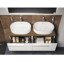 Badkamer met dubbele wastafel, onderkast met laden en opzetwastafels