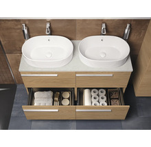 Badkamer met wastafelonderkast, twee opzetwastafels, kranen, zeepdispenser, handdoeken en toiletpapier