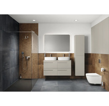 Moderne badkamer met douche, wastafelmeubel met dubbele wastafel, spiegel en toilet.