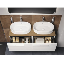 Badkamer met twee wastafels en open onderkast