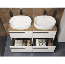 Badkamermeubel met twee wastafels, lades en kranen