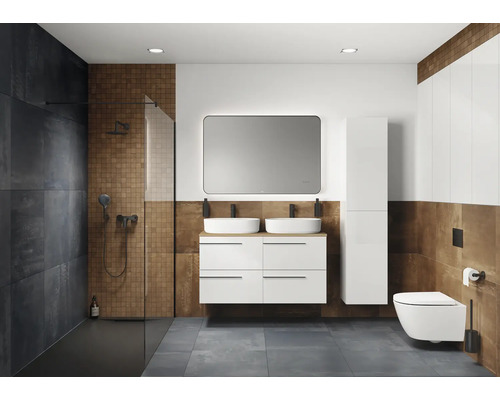 Moderne badkamer met douche, wastafelmeubel met twee wastafels, spiegel, hoge kast en toilet