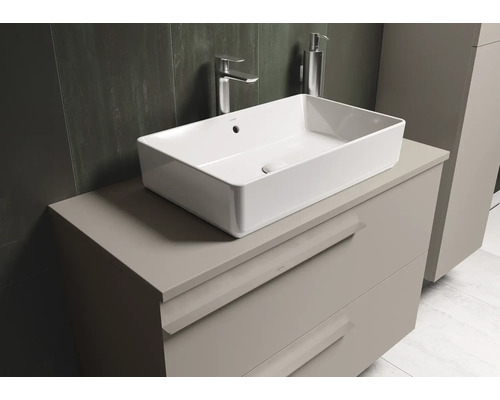 Badkamer met wastafelonderkast, opzetwastafel, kraan en zeepdispenser.