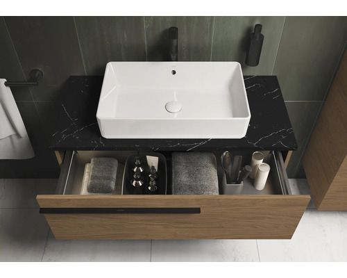 Badkamer met wastafel, wastafelonderkast en open lade-element