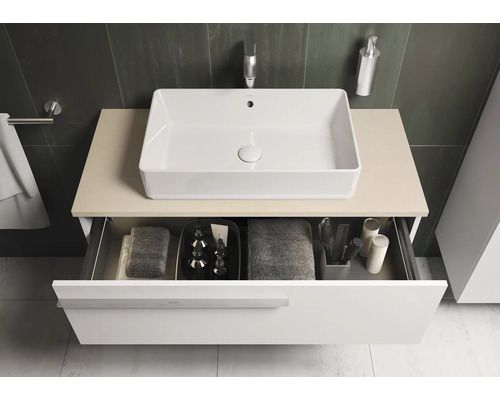 Moderne badkamer met opzetwastafel en open lade-element