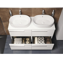 Dubbele wastafel met witte waskommen en open onderkast met handdoeken en toiletpapier