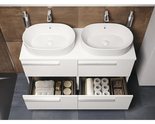 Dubbele wastafel met witte waskommen en open onderkast met handdoeken en toiletpapier