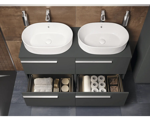 Dubbele wastafel met open ladesysteem voor badkamerartikelen