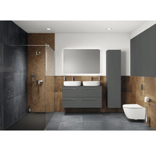 Moderne badkamer met douche, dubbele wastafel, spiegel, toilet en grijze meubels