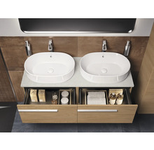 Dubbele wastafel met onderkast en twee opzetwastafels in de badkamer