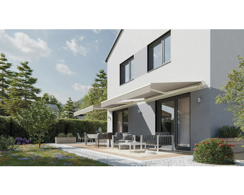 Gevel met terrasoverkapping, tuinmeubelen en buitenruimte