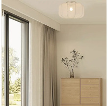 Woonkamer met plafondlamp, raam en commode