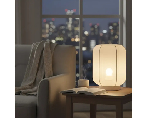 Nachtkastscène met lamp, boek en drankje in de woonkamer