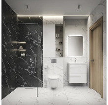 Moderne badkamer met douche, wastafel, spiegel en toilet in helder design
