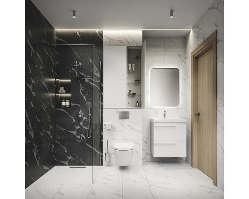 Moderne badkamer met douche, wastafel, spiegel en toilet in helder design