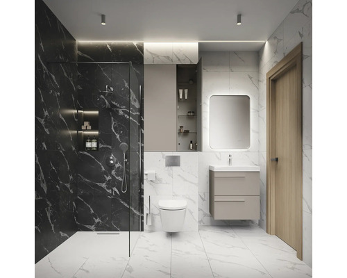 Moderne badkamer met douche, toilet, wastafelonderkast en spiegel