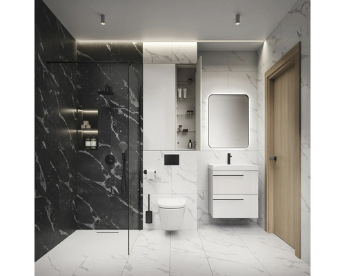 Moderne badkamer met douche, toilet, wastafel en spiegelkast