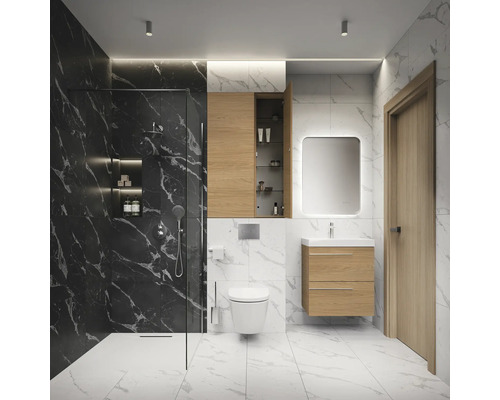 Moderne badkamer met douche, wastafel, spiegel en toilet