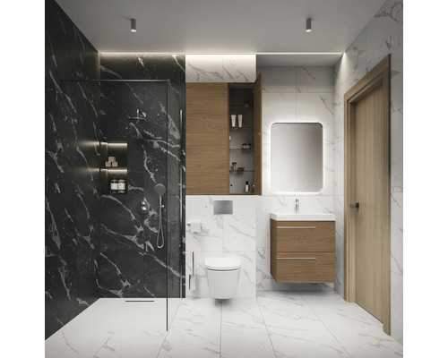Moderne badkamer met douche, wastafel, spiegelkast en toilet.