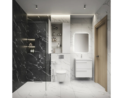 Moderne badkamer met douche, toilet, wastafel en spiegelkast.