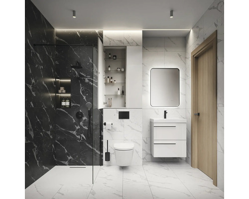 Moderne badkamer met douche, toilet, wastafel en spiegel