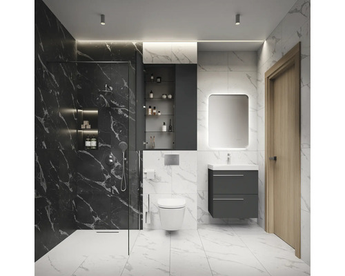 Moderne badkamer met douche, wastafel, spiegelkast en toilet