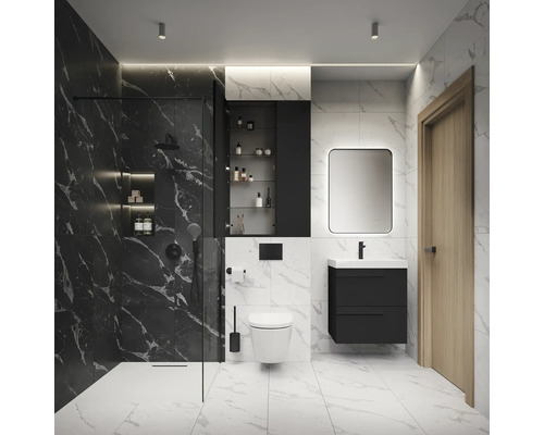Moderne badkamer met douche, toilet, wastafel en spiegelkast.