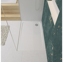 Badkamer met vlakke douchebak, douchewand en decoratie