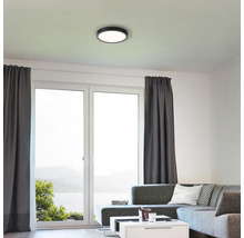 Woonkamer met plafondlamp en grote ramen