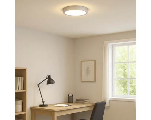 Verlichte studeerkamer met plafondlamp, bureau en raam.