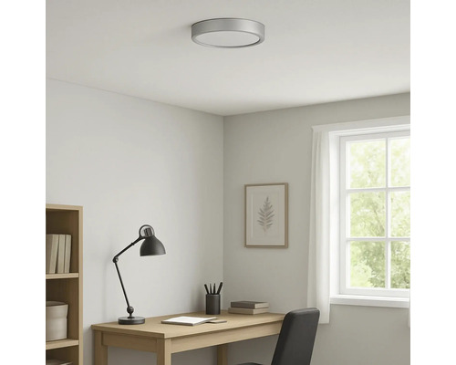 Kantoor met bureau, lamp, boekenkast, raam en ronde plafondlamp