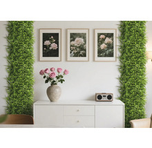 Decoratieve scène met kunstplanten, fotolijsten, rozen en een dressoir
