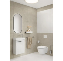 Lichte badkamer met wastafel, spiegel, toilet en handdoekenrek