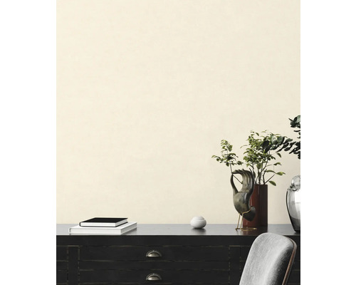 Decoratief interieur met dressoir, boeken, planten en sculpturen voor een wand