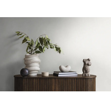 Decoratief interieur met strak houten dressoir, vaas met planten, sculptuur en boeken voor een stijlvolle sfeer in de kamer.