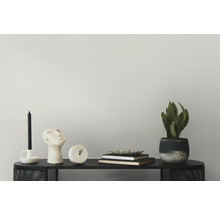 Decoratieve elementen op een zwarte tafel, waaronder een kaars, een buste, een klok, boeken en een potplant.