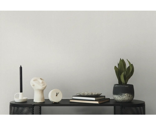 Decoratieve elementen op een zwarte tafel, waaronder een kaars, een buste, een klok, boeken en een potplant.