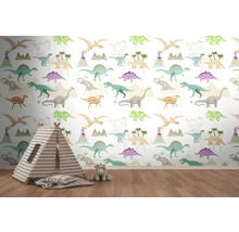 Kinderkamer met dinosaurusbehang, speeltent en knuffeldier