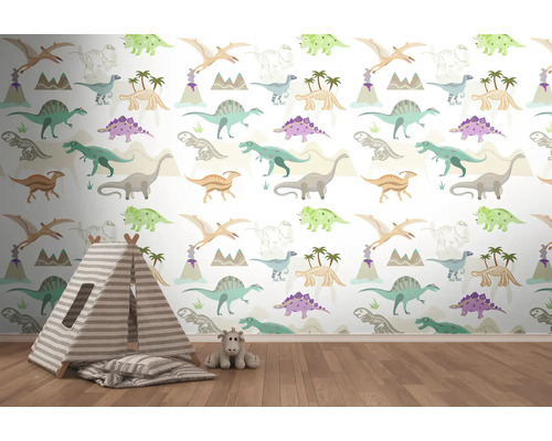 Kinderkamer met dinosaurusbehang, speeltent en knuffeldier