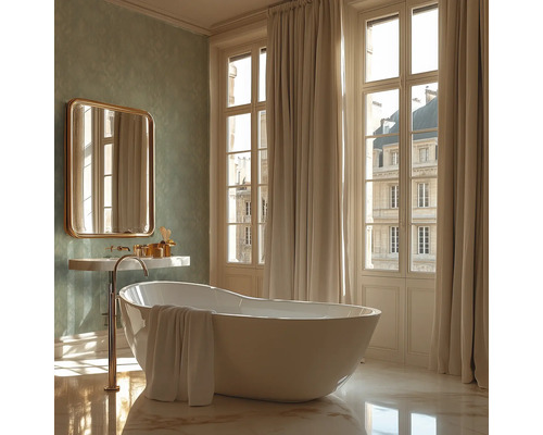 Badkamer met vrijstaand bad, wastafel en spiegel