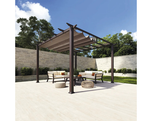 PARAGON Aluminium Pergola Florida 11x11 met verstelbaar zonnedoek bruin 350x350 cm Terras met pergola, banken, tafel en krukken voor buiten