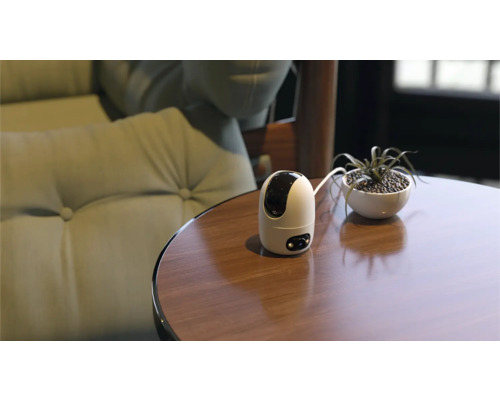 Bewakingscamera op een tafel naast een plant